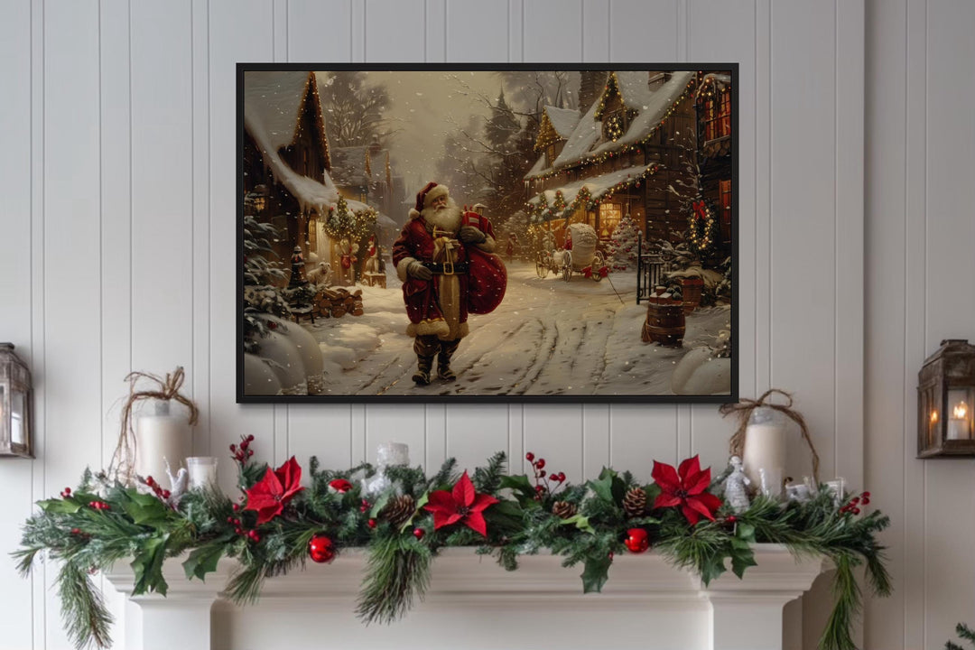 Santa Claus With Sack Of Gifts In Christmas Village Framed Canvas Wall Art