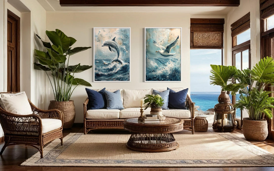 Set of 2 Abstract Seagull And Dolphin Coastal Framed Canvas Wall Art in coastal living room