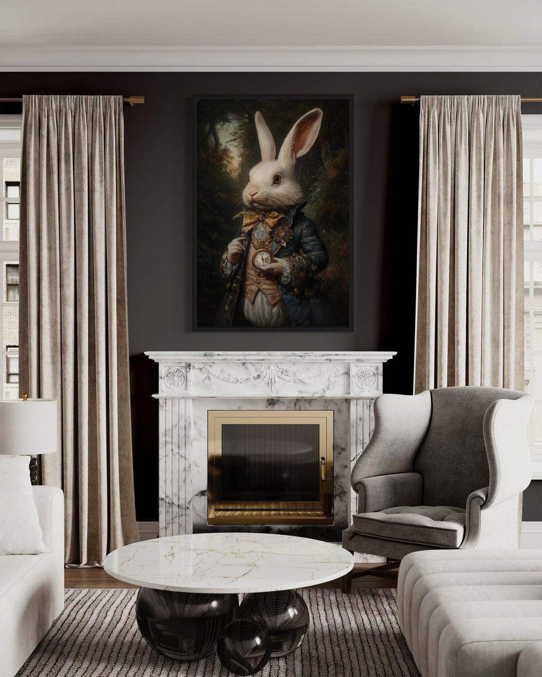 White Rabbit Victorian PortraitFramed Canvas Wall Art above mantel