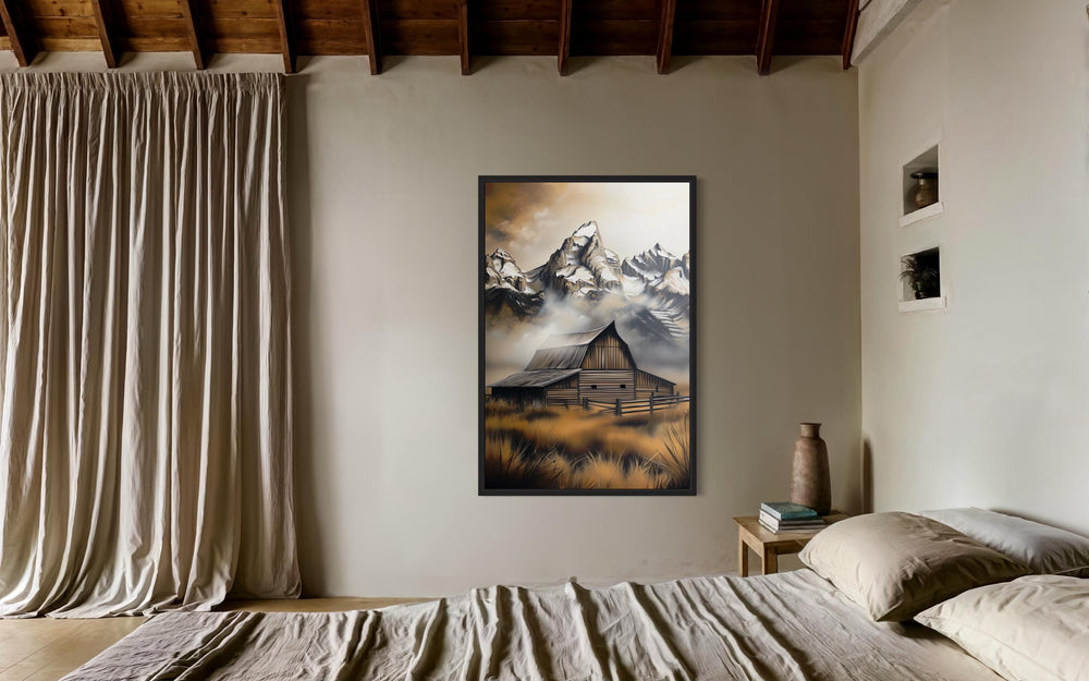 Moulton Barn In Grand Teton Framed Canvas Wall Art in bedroom