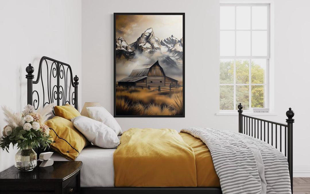 Moulton Barn In Grand Teton Framed Canvas Wall Art in bedrooom