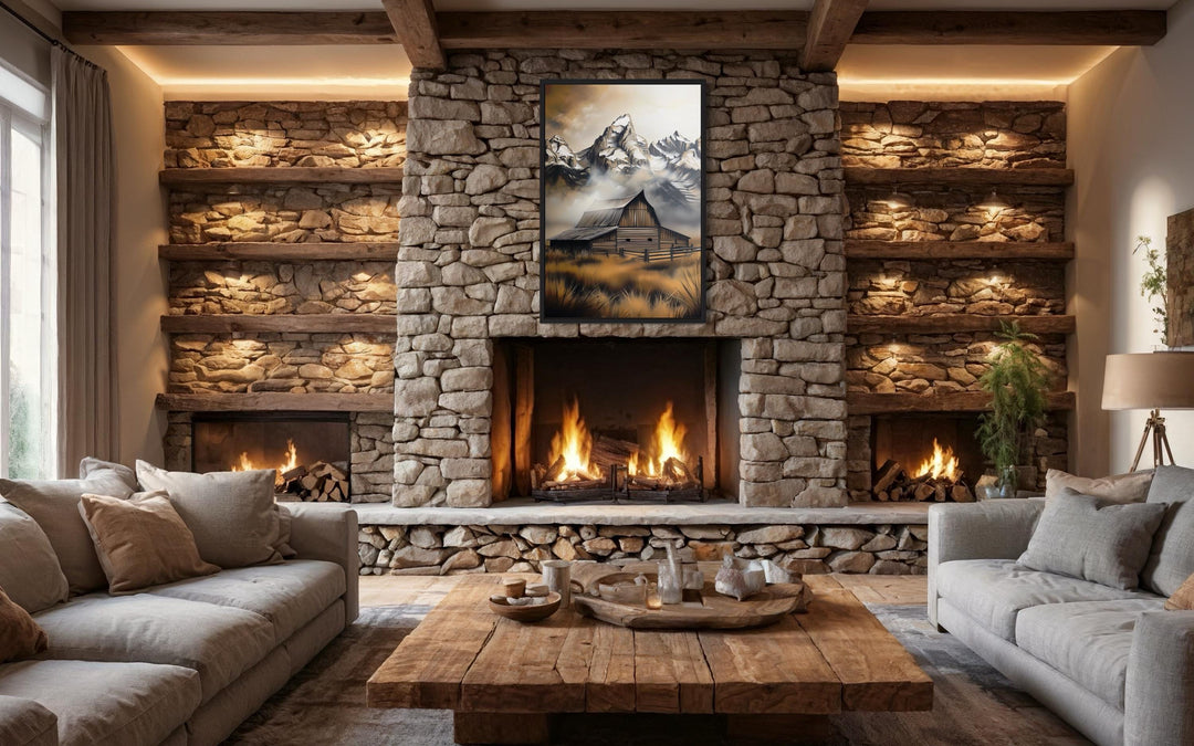 Moulton Barn In Grand Teton Framed Canvas Wall Art above mantel