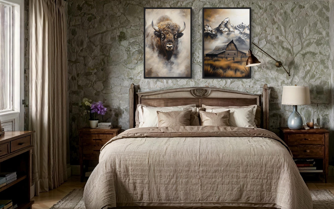 Set of 2 American Bison And Moulton Barn in Grand Teton Mountains Wall Art above bed