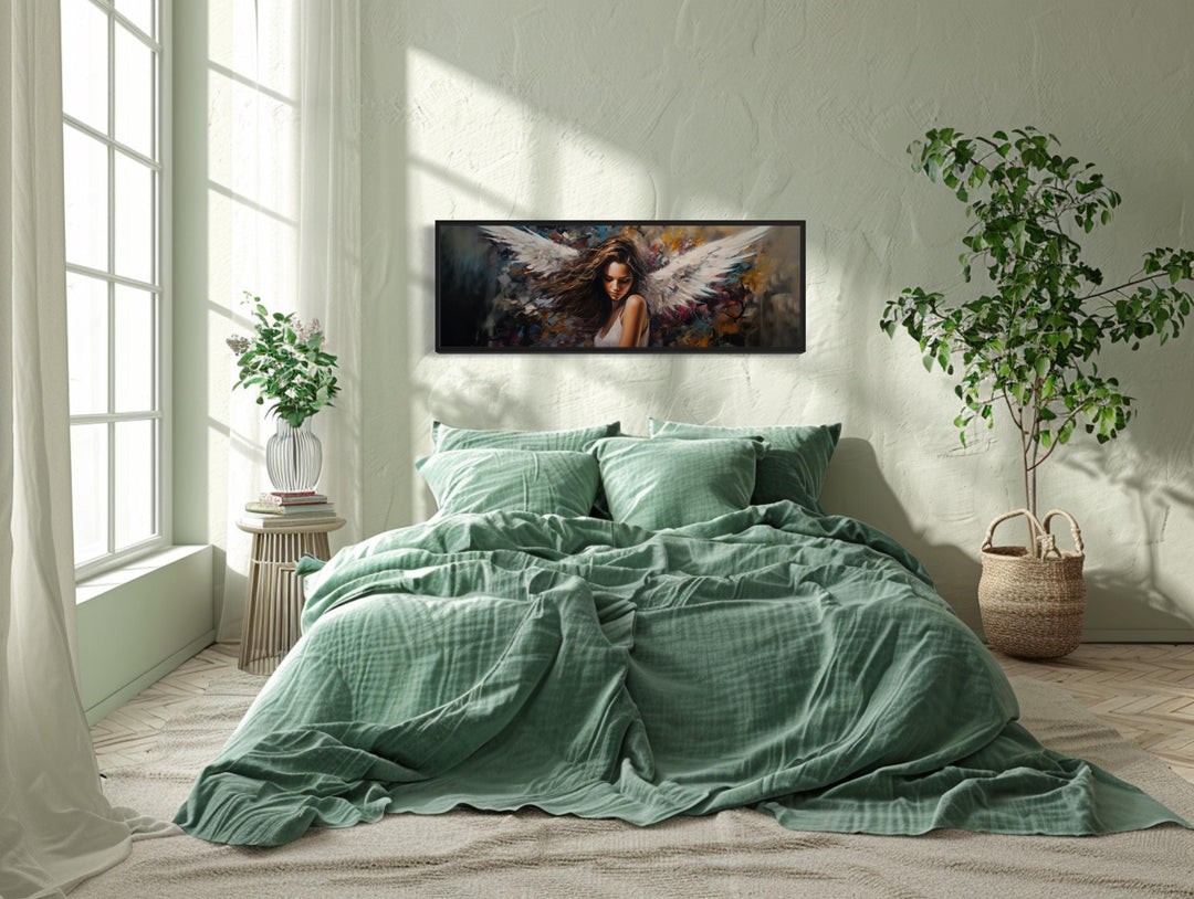 Angel Woman Long Horizontal Framed Canvas Wall Art above bed