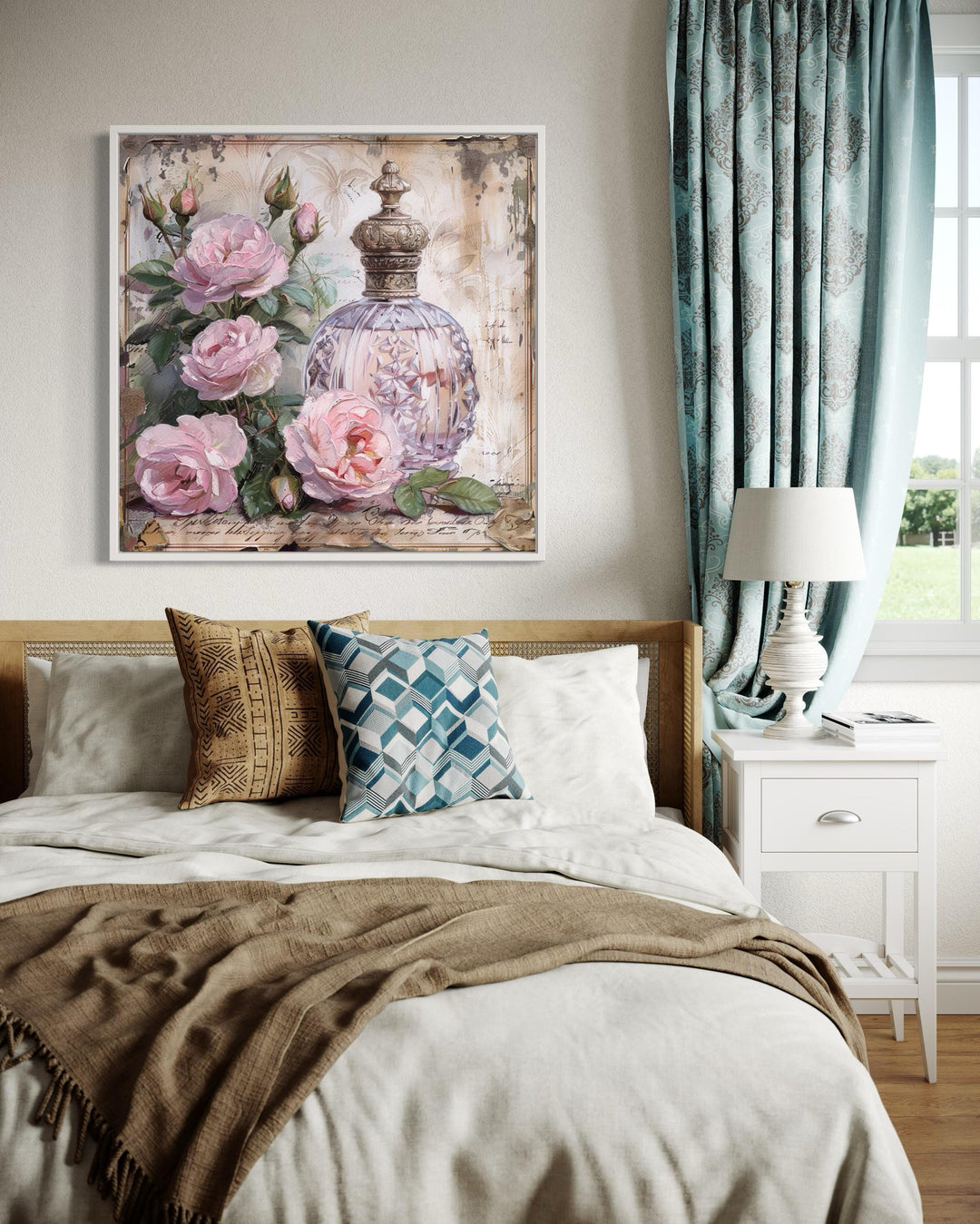 Shabby Chic Pink Perfume And Roses Framed Canvas Wall Art in rustic bedroom