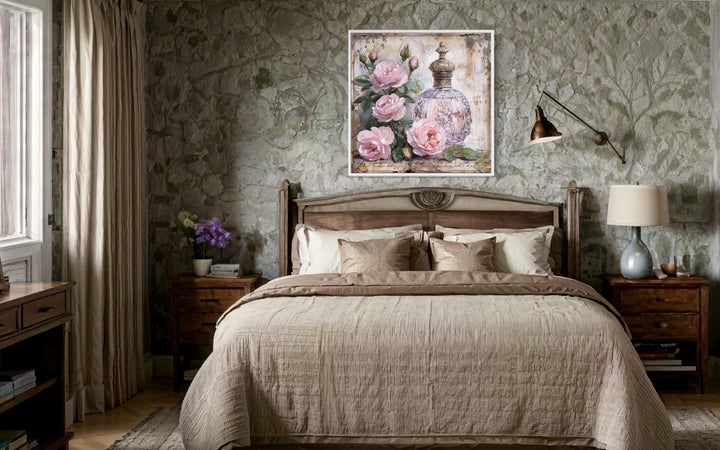 Shabby Chic Pink Perfume And Roses Framed Canvas Wall Art above shabby chic bed