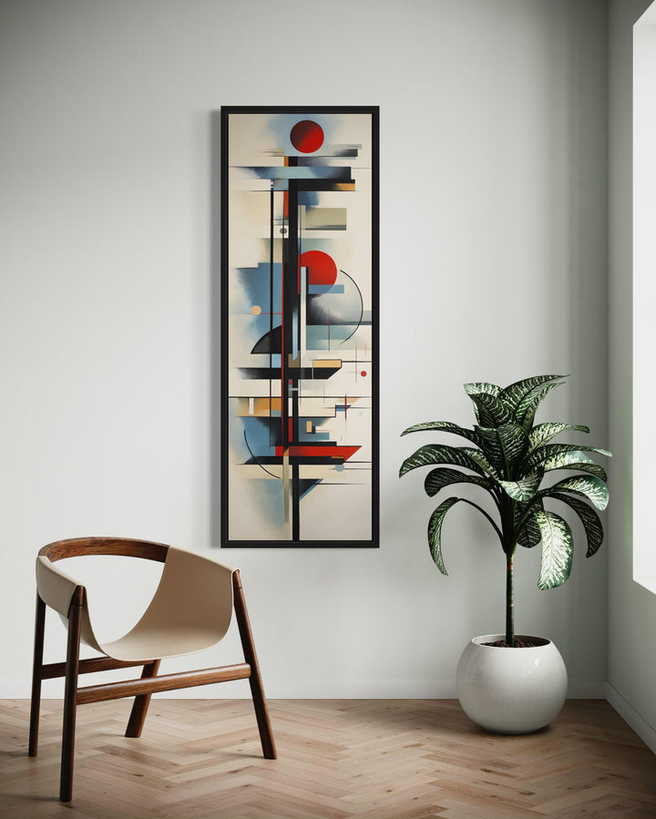 Tall Narrow Bauhaus Style Geometric Framed Canvas Wall Art on narrow wall