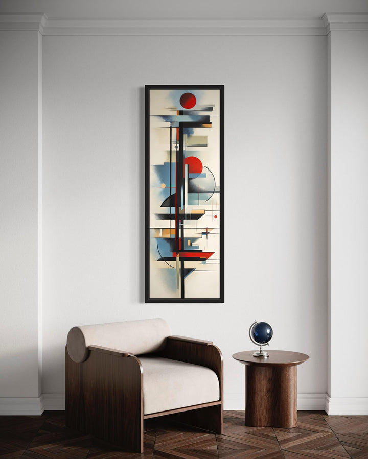 Tall Narrow Bauhaus Style Geometric Framed Canvas Wall Art behind armchair