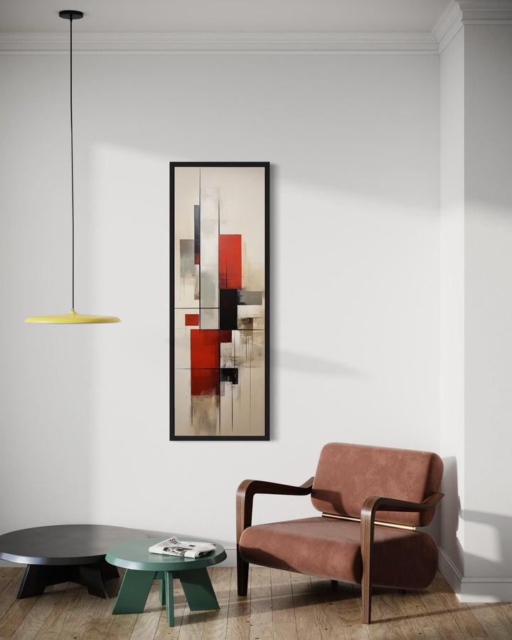 Vertical Narrow Mid Century Modern Stylish Framed Canvas Wall Art in living room