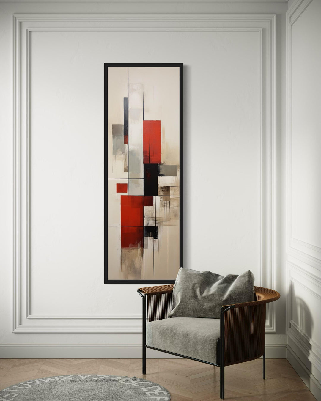 Vertical Narrow Mid Century Modern Stylish Framed Canvas Wall Art in living room