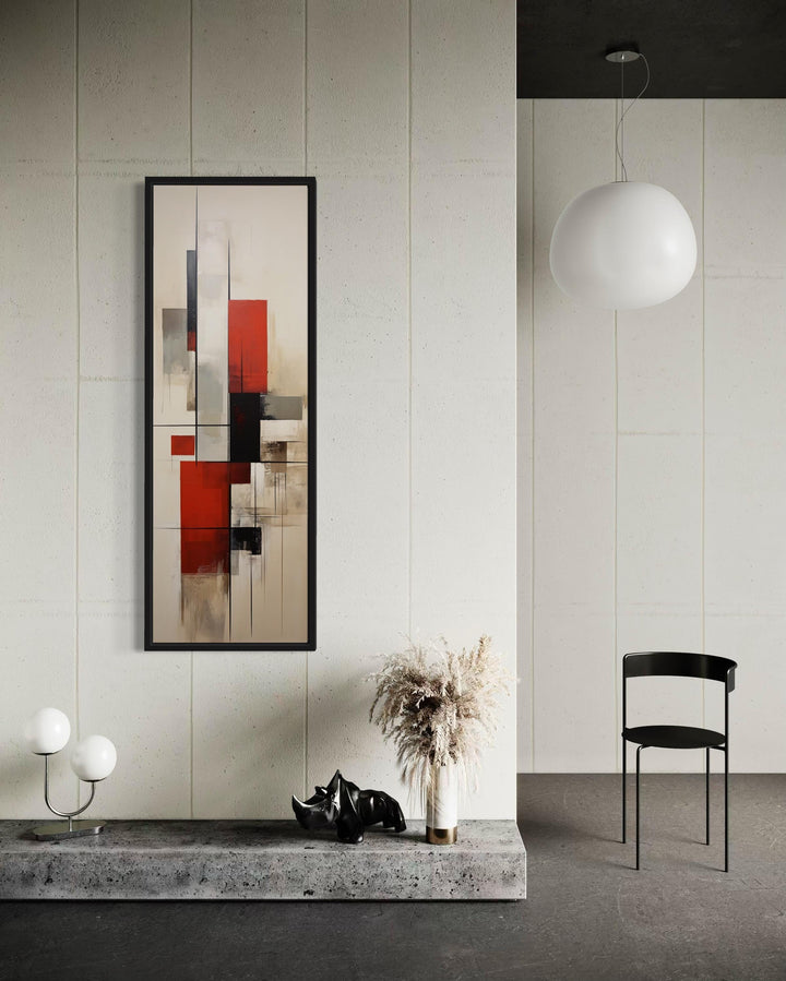 Vertical Narrow Mid Century Modern Stylish Framed Canvas Wall Art in living room