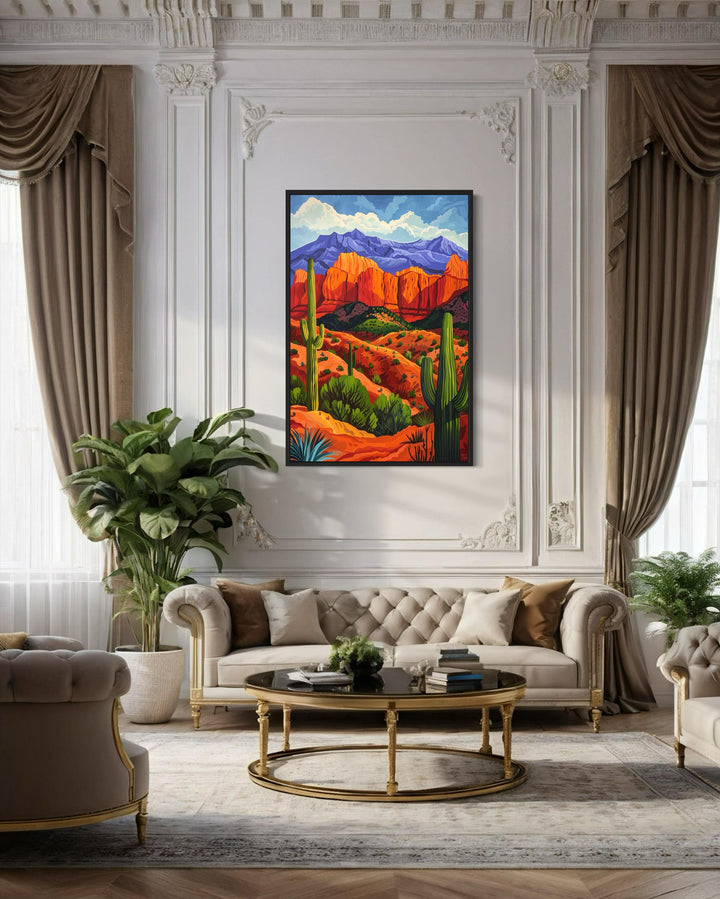 Colorful Desert And Saguaro Cactus Framed Canvas Wall Art in living room