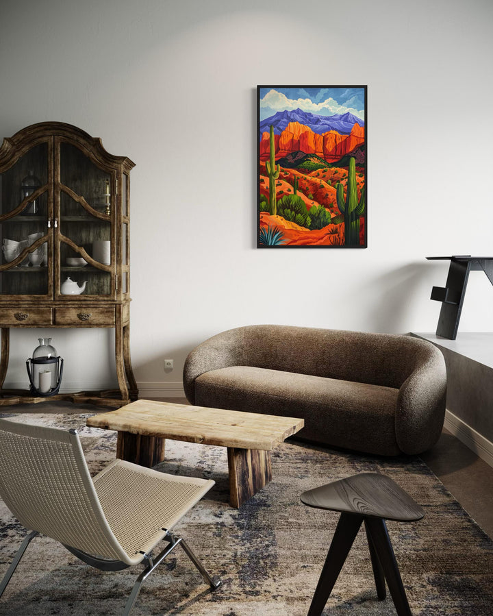 Colorful Desert And Saguaro Cactus Framed Canvas Wall Art in southwestern room