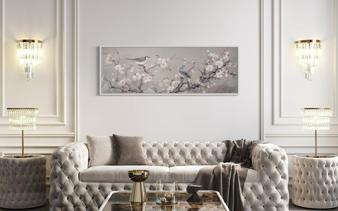 Birds on Blossoming Branch Horizontal Framed Canvas Wall Art in living room