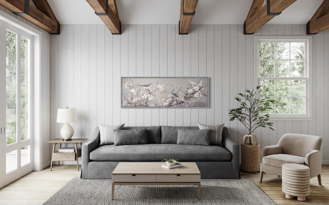 Birds on Blossoming Branch Horizontal Framed Canvas Wall Art above couch