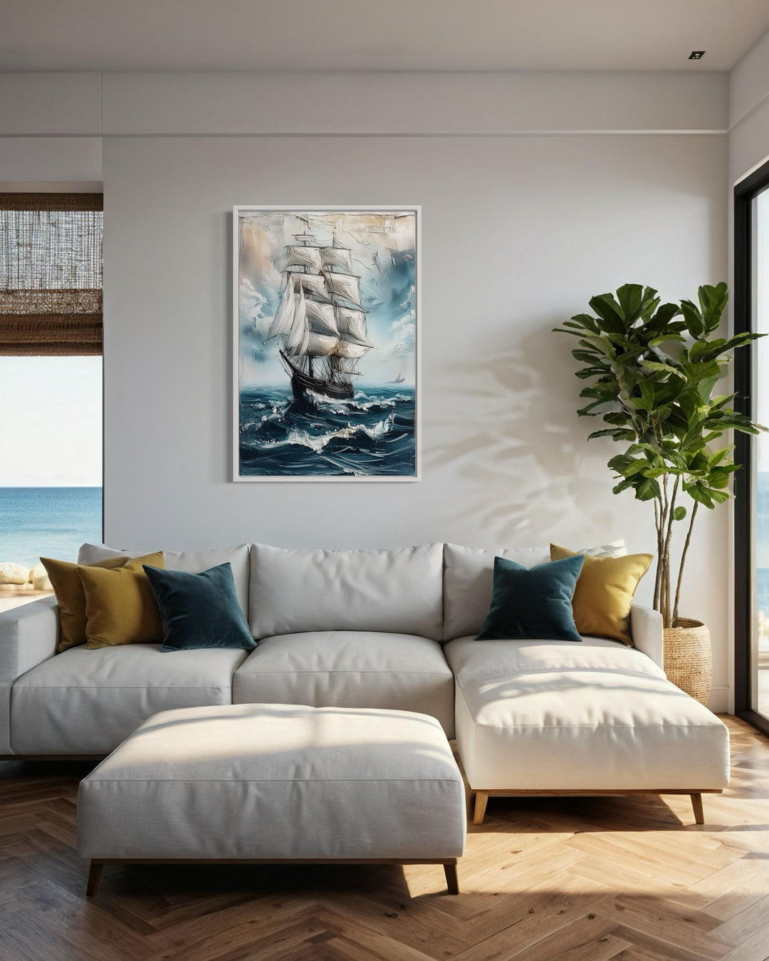 Sailing Ship In Blue Ocean Abstract Coastal Wall Art in coastal room