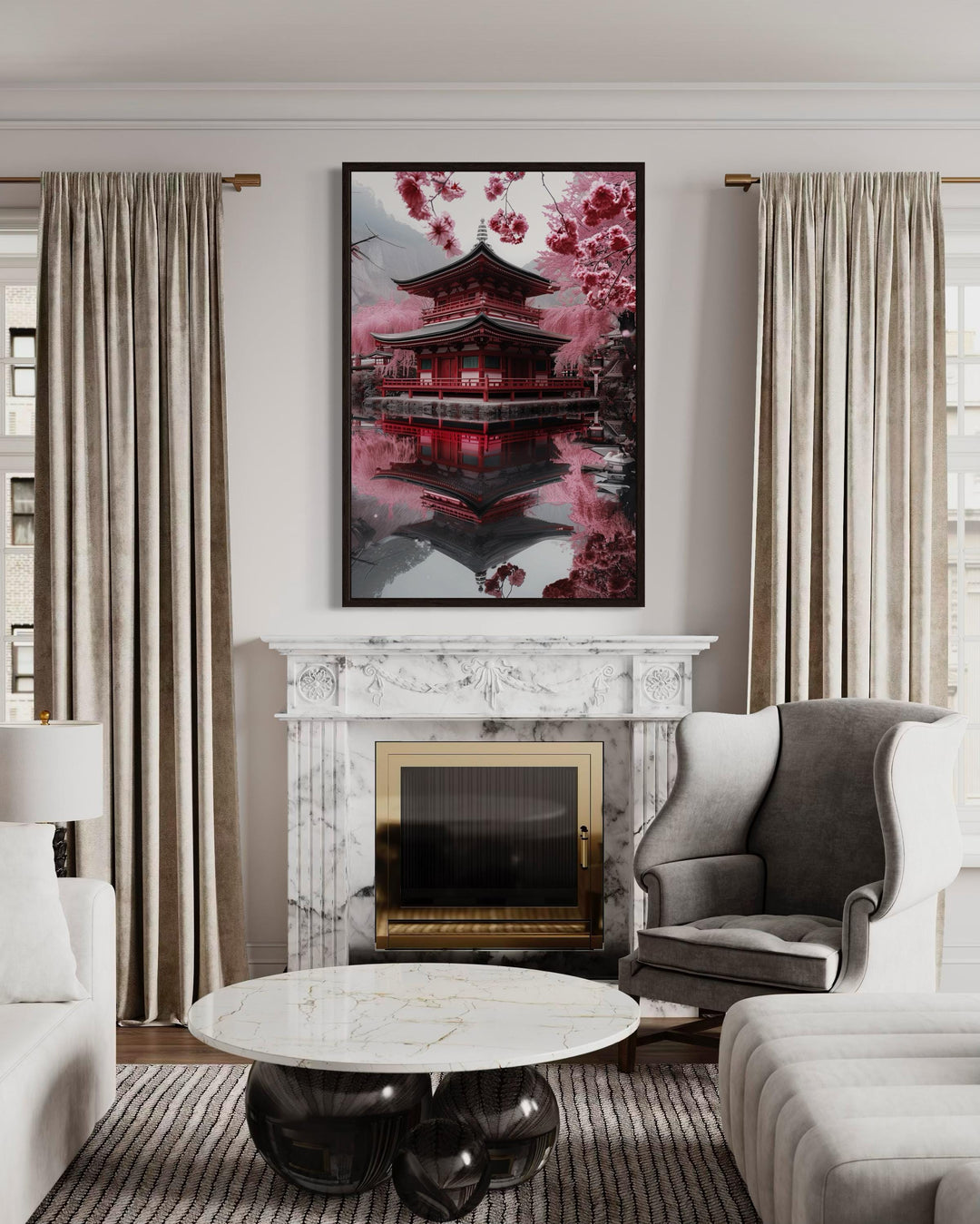 Japanese Pagoda And Sakura Garden Framed Canvas Wall Art above fireplace