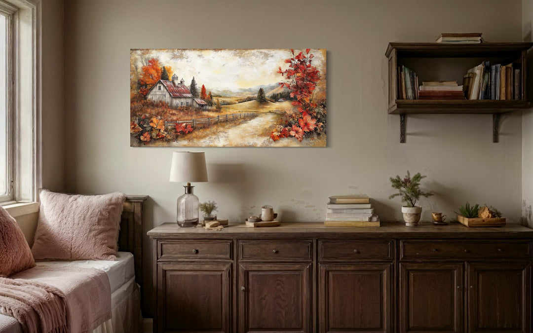 Autumn Farm Barn Rustic Canvas Wall Art in bdroom