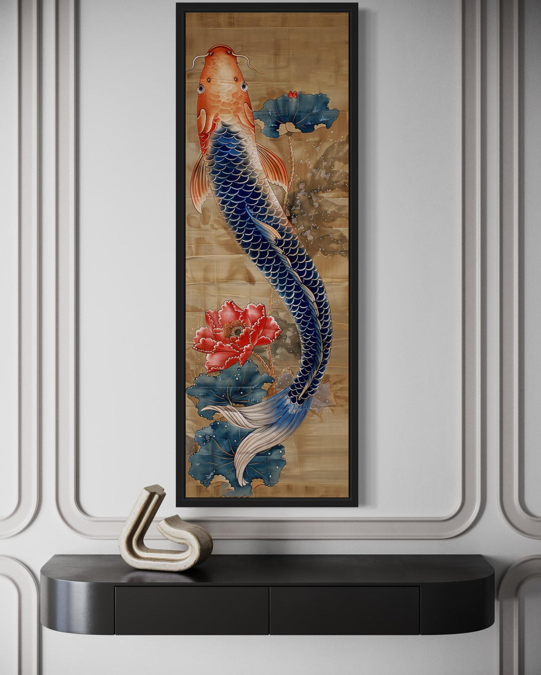 Tall Narrow Chinese Style Koi Fish Framed Canvas Wall Art close up