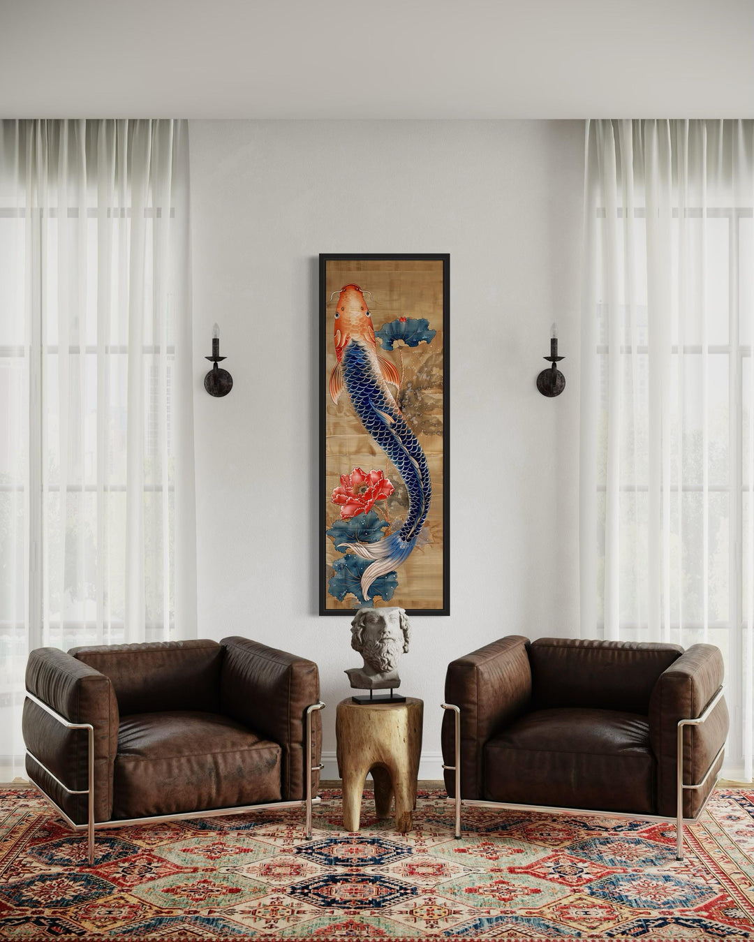 Tall Narrow Chinese Style Koi Fish Framed Canvas Wall Art behind two chairs