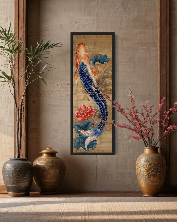 Tall Narrow Chinese Style Koi Fish Framed Canvas Wall Art in chinese room