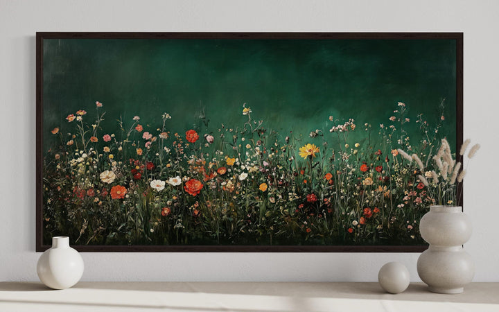 Dark Moody Green Wildflowers Field At Night Framed Canvas Wall Art close up