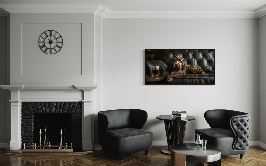 Chocolate Goldendoodle On Couch Drinking Whiskey Framed Canvas Wall Art in the office