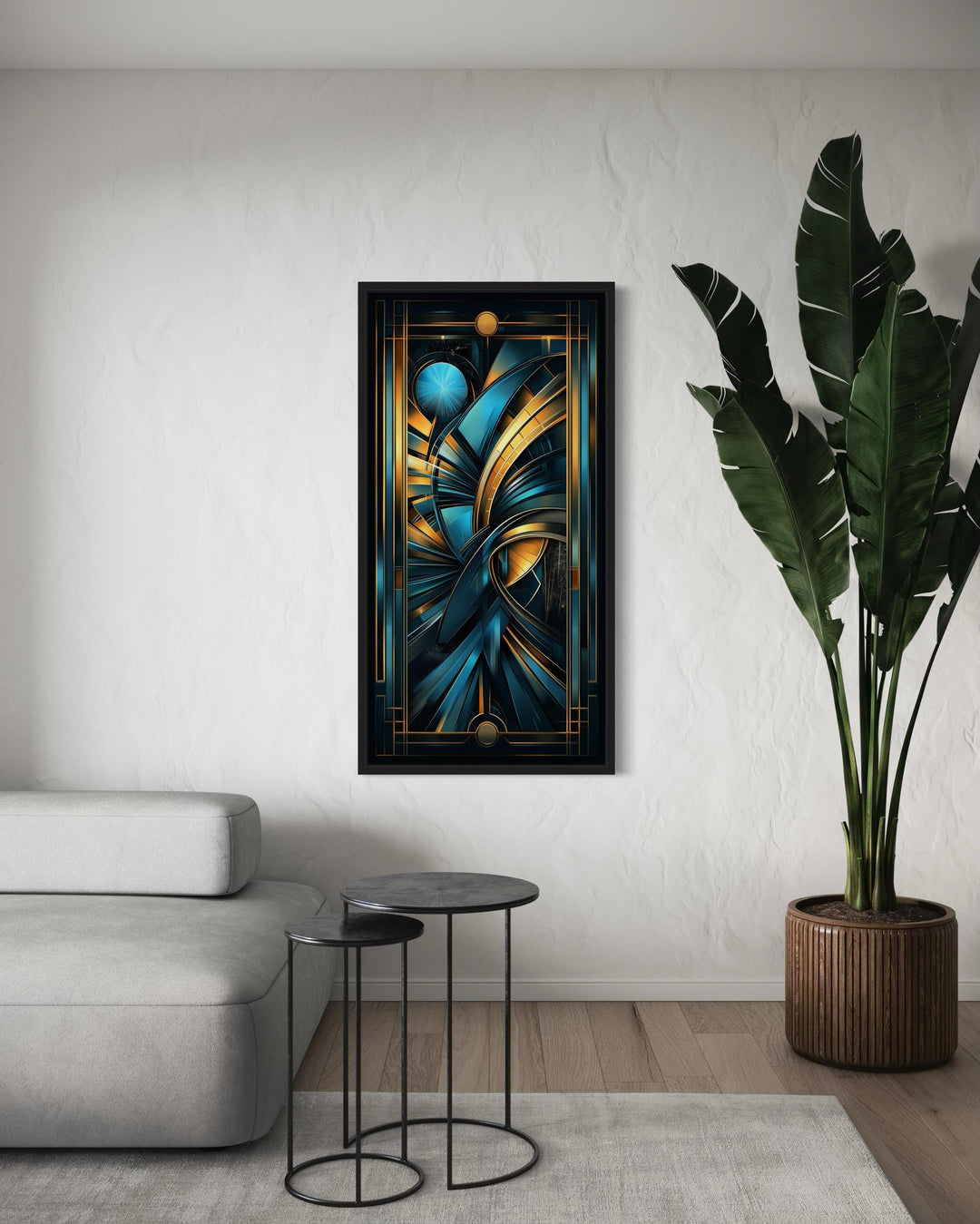 Navy Blue Gold Long Vertical Art Deco Framed Wall Art in living room