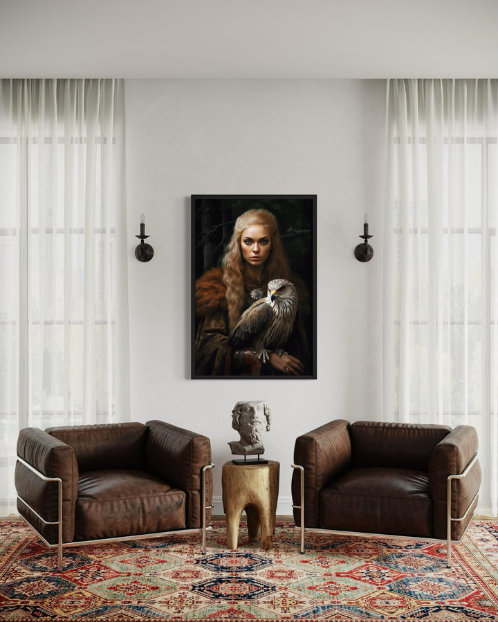 Freya Norse Goddess With Falcon Famed Canvas Wall Art in living room