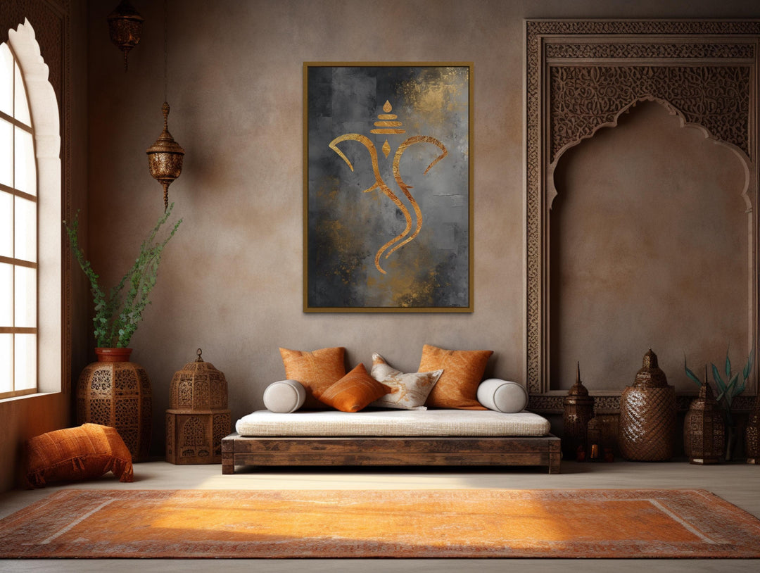 Grey Gold Minimalist Lord Ganesha Framed Canvas Wall Art in Indian Room