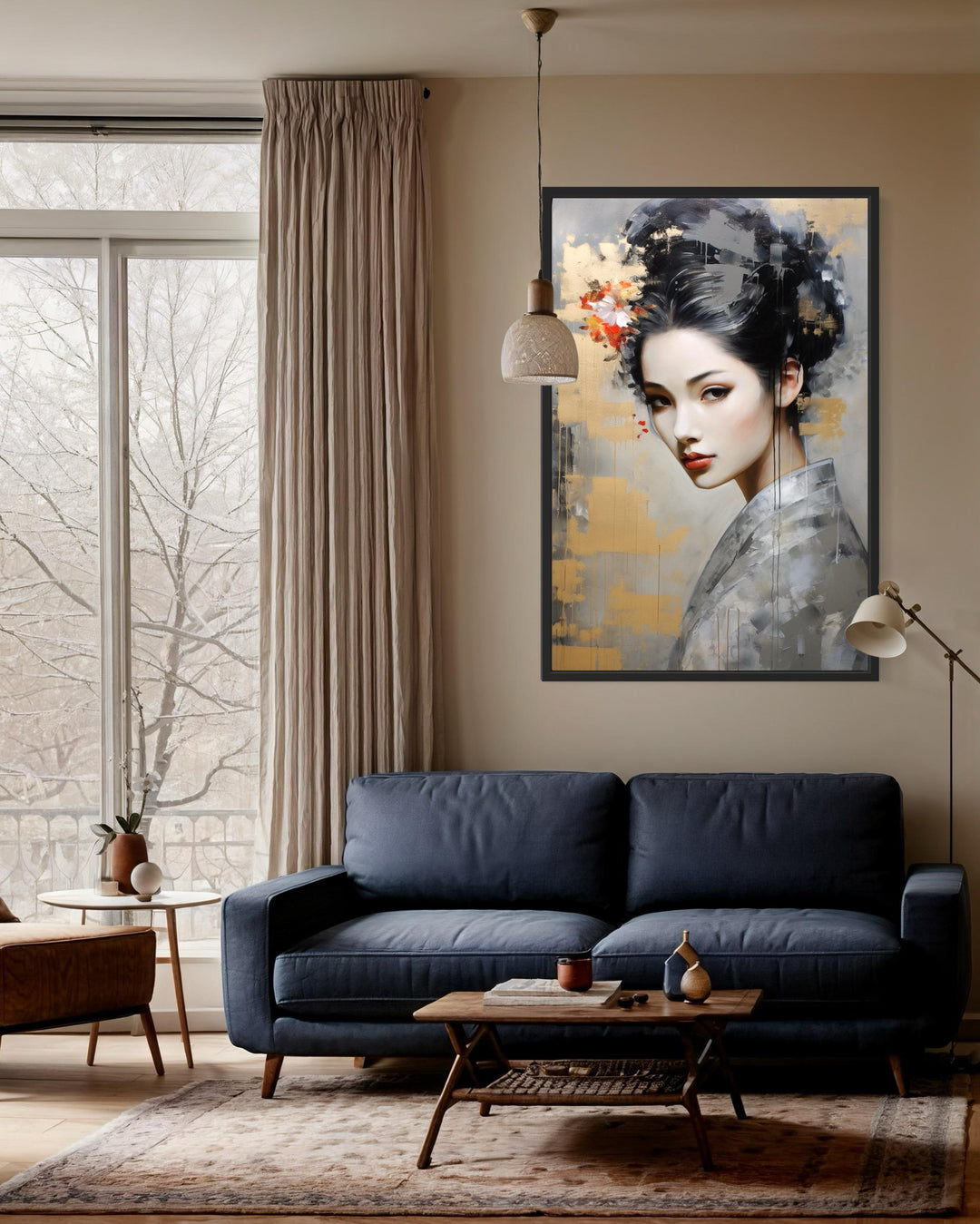 Geisha Abstract Portrait Framed Canvas Wall Art in living room