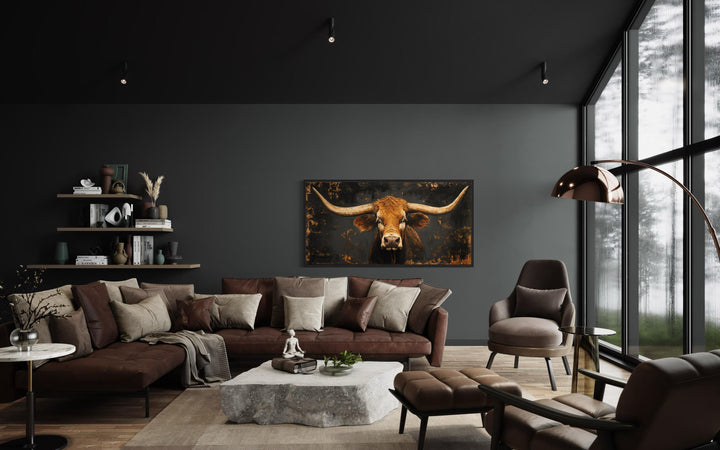 Rustic Texas Longhorn Cow Extra Large Wall Art in living room