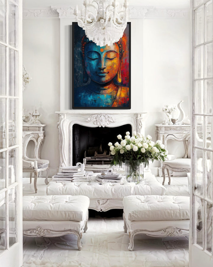 Buddha Colorful Portrait Abstract Framed Canvas Wall Art above fireplace