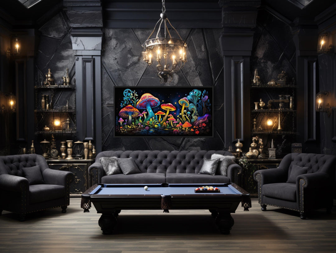 Trippy Psychedelic Mushrooms Framed Canvas Wall Art in game room