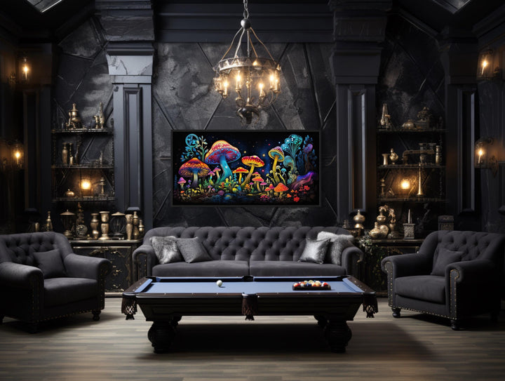 Trippy Psychedelic Mushrooms Framed Canvas Wall Art in game room