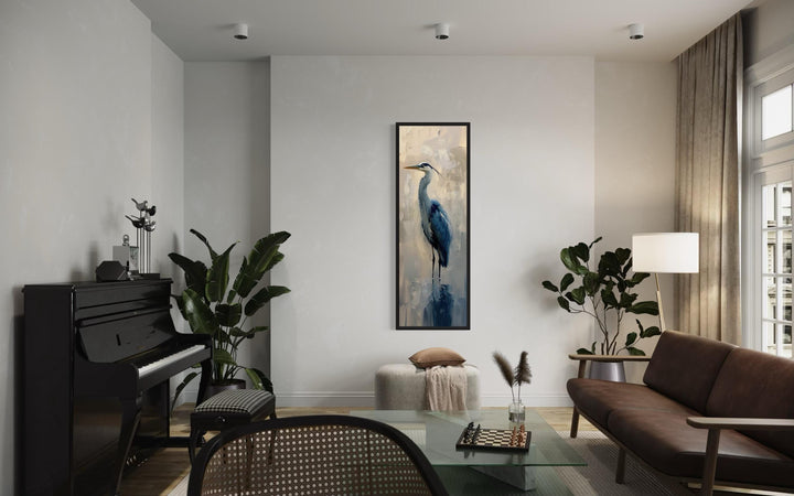 Tall Narrow Blue Heron Abstract Framed Canvas Wall Art in living room