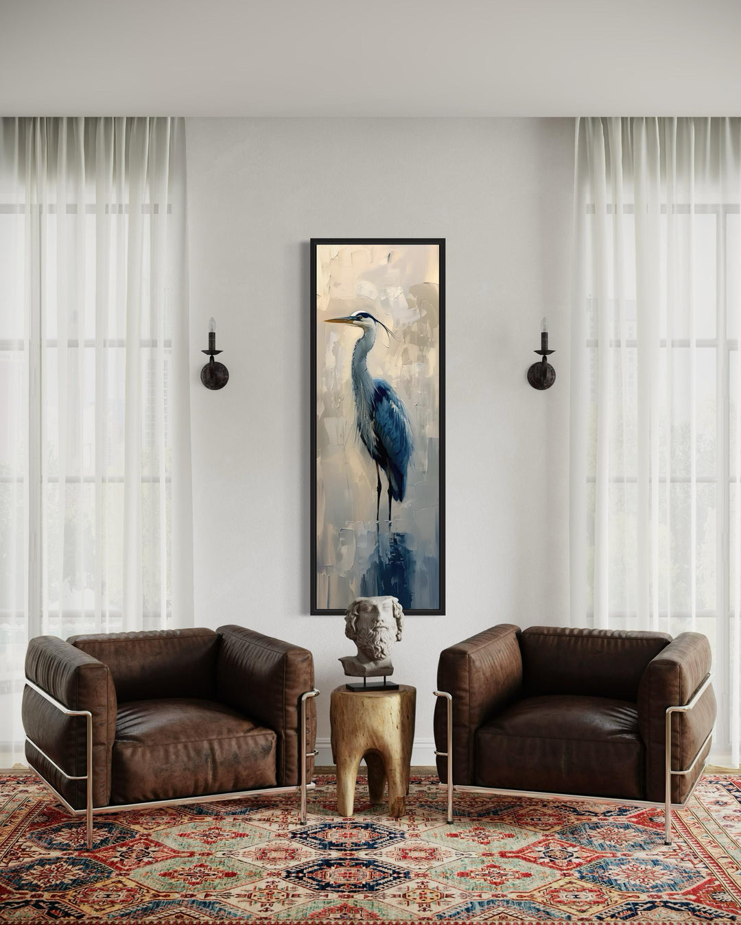 Tall Narrow Blue Heron Abstract Framed Canvas Wall Art behind two armchairs