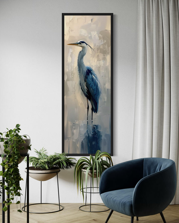 Tall Narrow Blue Heron Abstract Framed Canvas Wall Art in living room