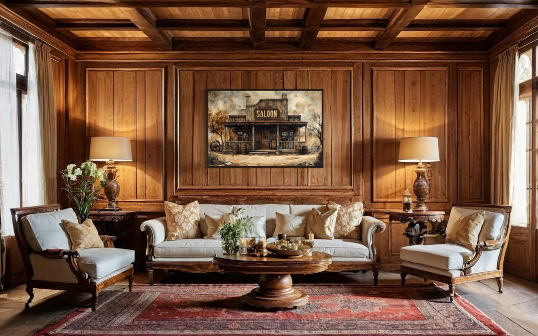 Vintage Western Saloon Framed Canvas Wall Art in wooden room