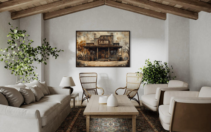 Vintage Western Saloon Framed Canvas Wall Art in rustic room