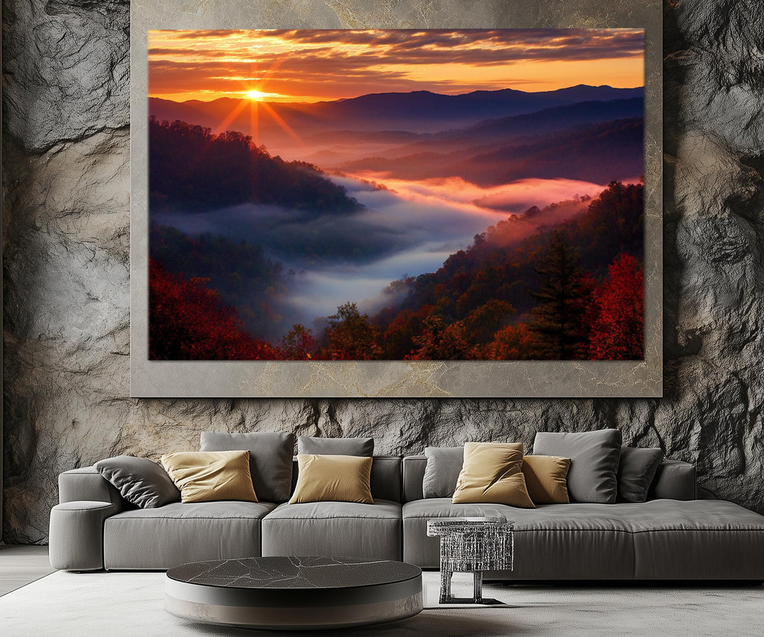 1 Piece Smokey Mountains Sunset Multi-Panel Canvas Wall Art in living room