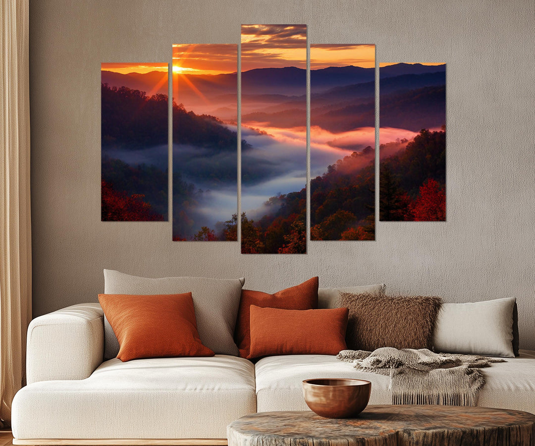 5 Piece Smokey Mountains Sunset Multi-Panel Canvas Wall Art above couch