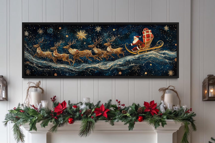 Santa's Sleigh And Reindeer Christmas Canvas Wall Art