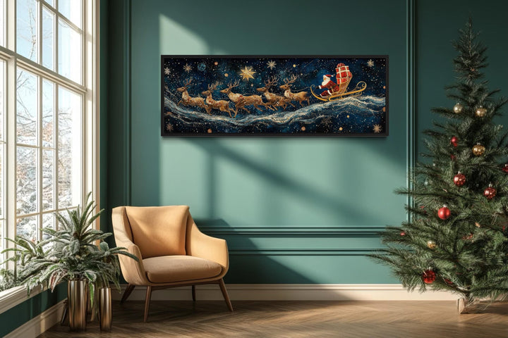 Santa's Sleigh And Reindeer Christmas Canvas Wall Art in christmas room