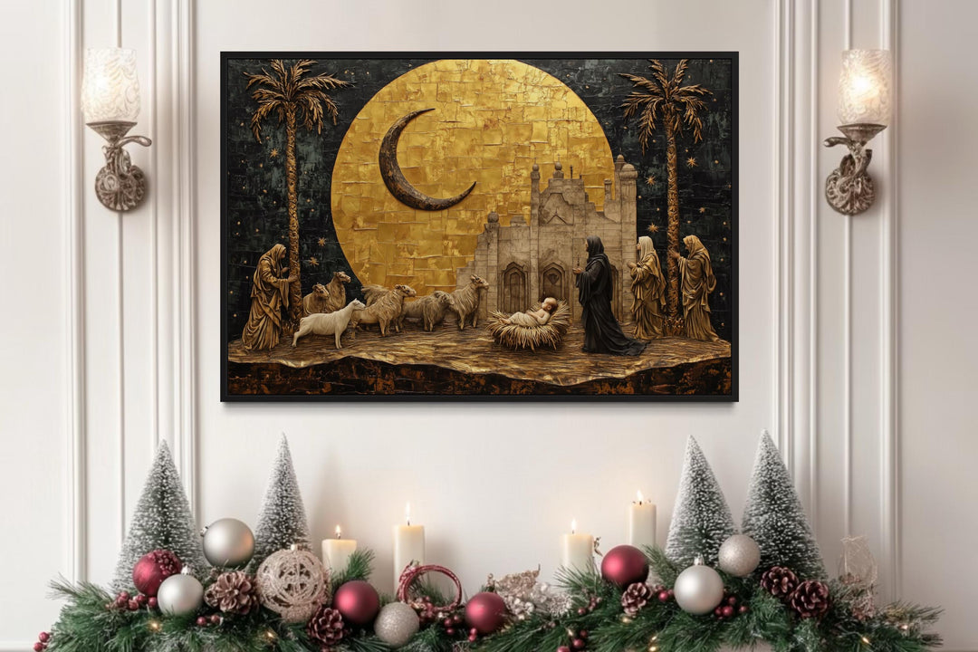 Holy Family And Shepherds Manger Scene Gold Nativity Christmas Wall Art above christmas fireplace