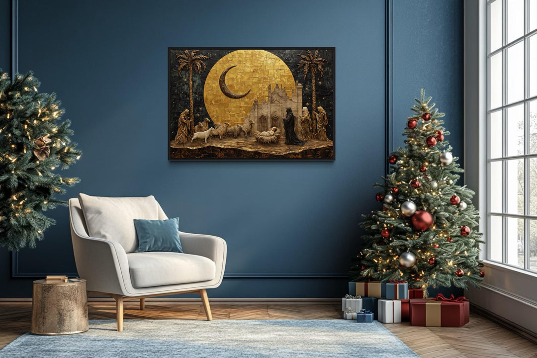 Holy Family And Shepherds Manger Scene Gold Nativity Christmas Wall Art in christmas room