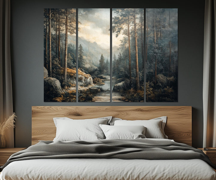 5 Piece Antique Forest River Landscape Multi-Panel Wall Art above bed