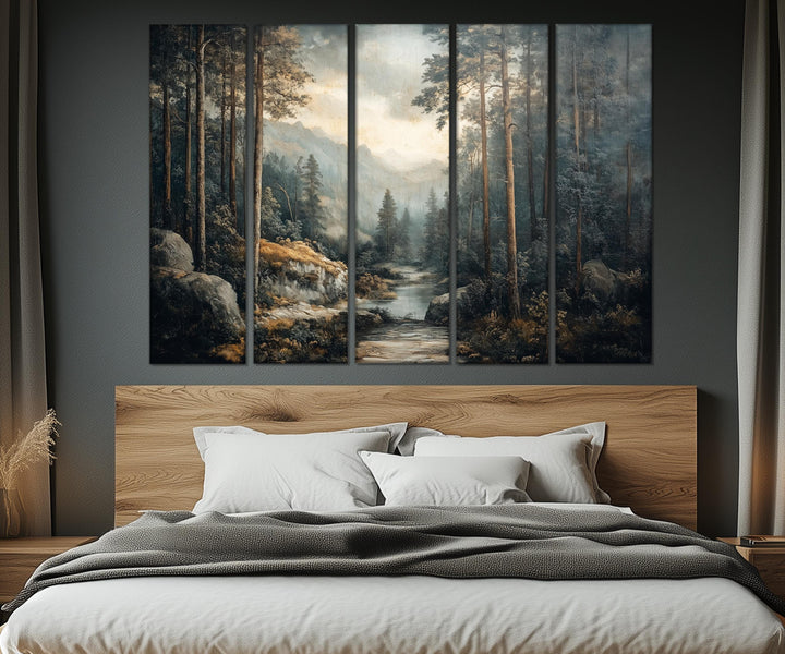 5 Piece Antique Forest River Landscape Multi-Panel Wall Art in bedroom