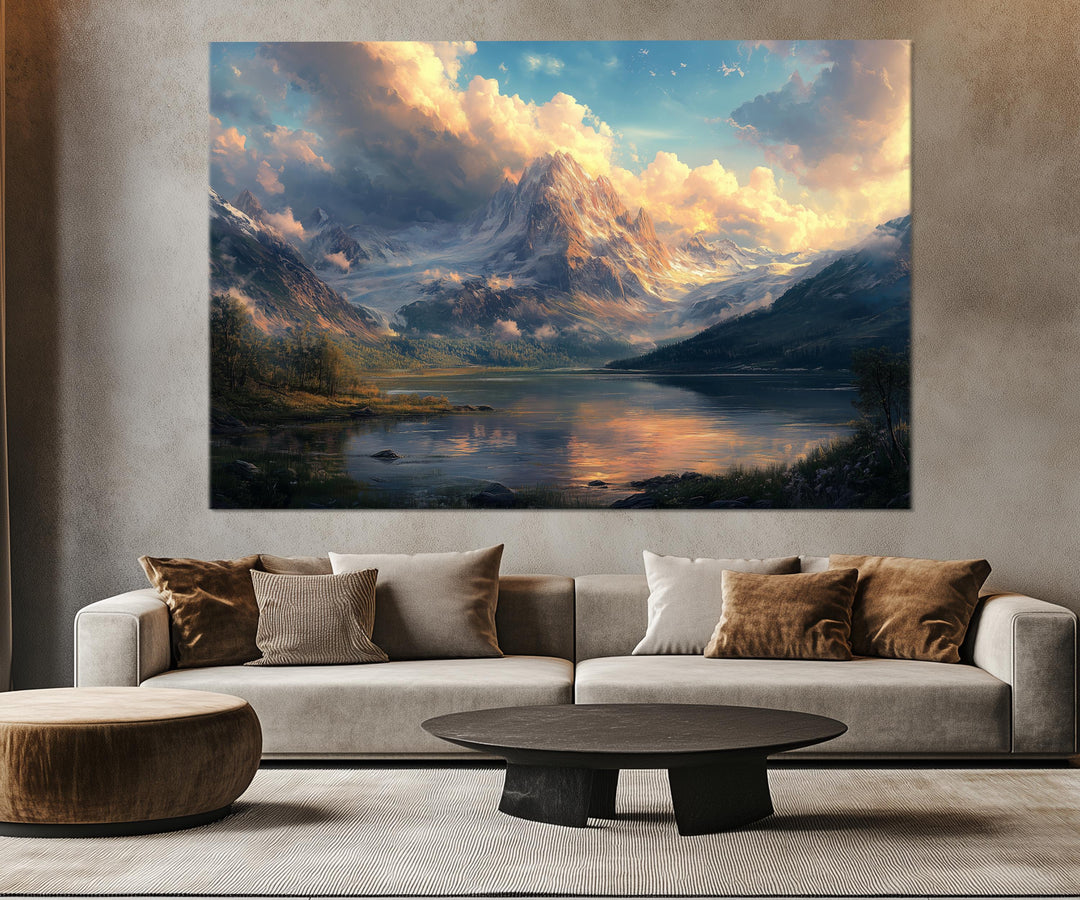 5 Piece Antique Mountain Lake Landscape Multi-Panel Wall Art in living room in living room