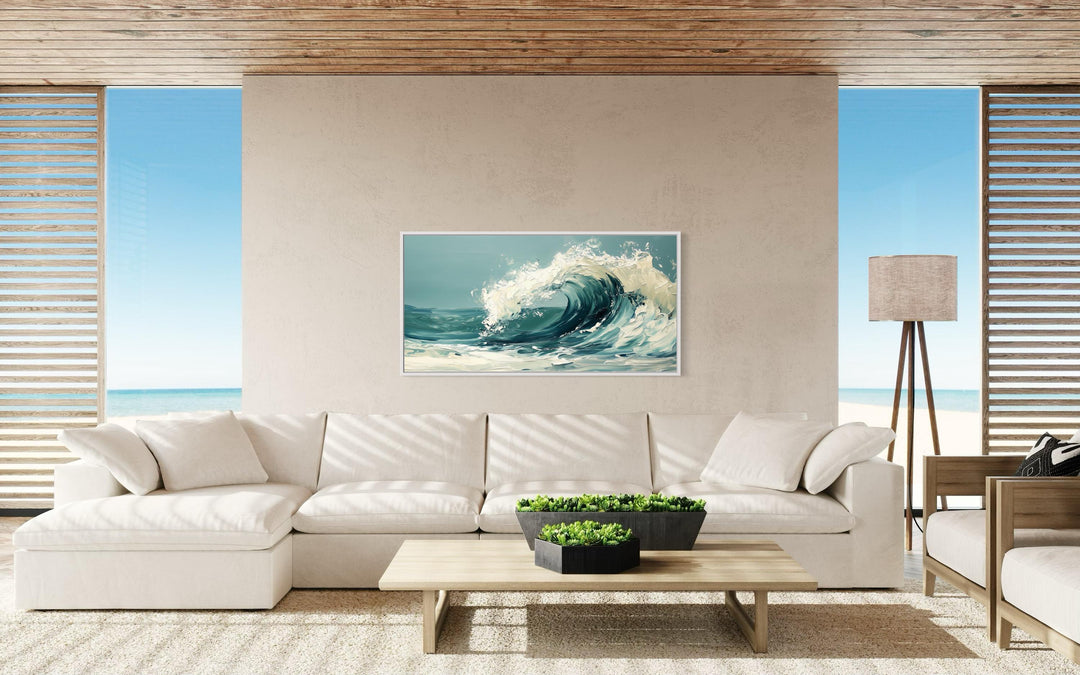 Abstract Ocean Wave Framed Canvas Wall Art in coastal room